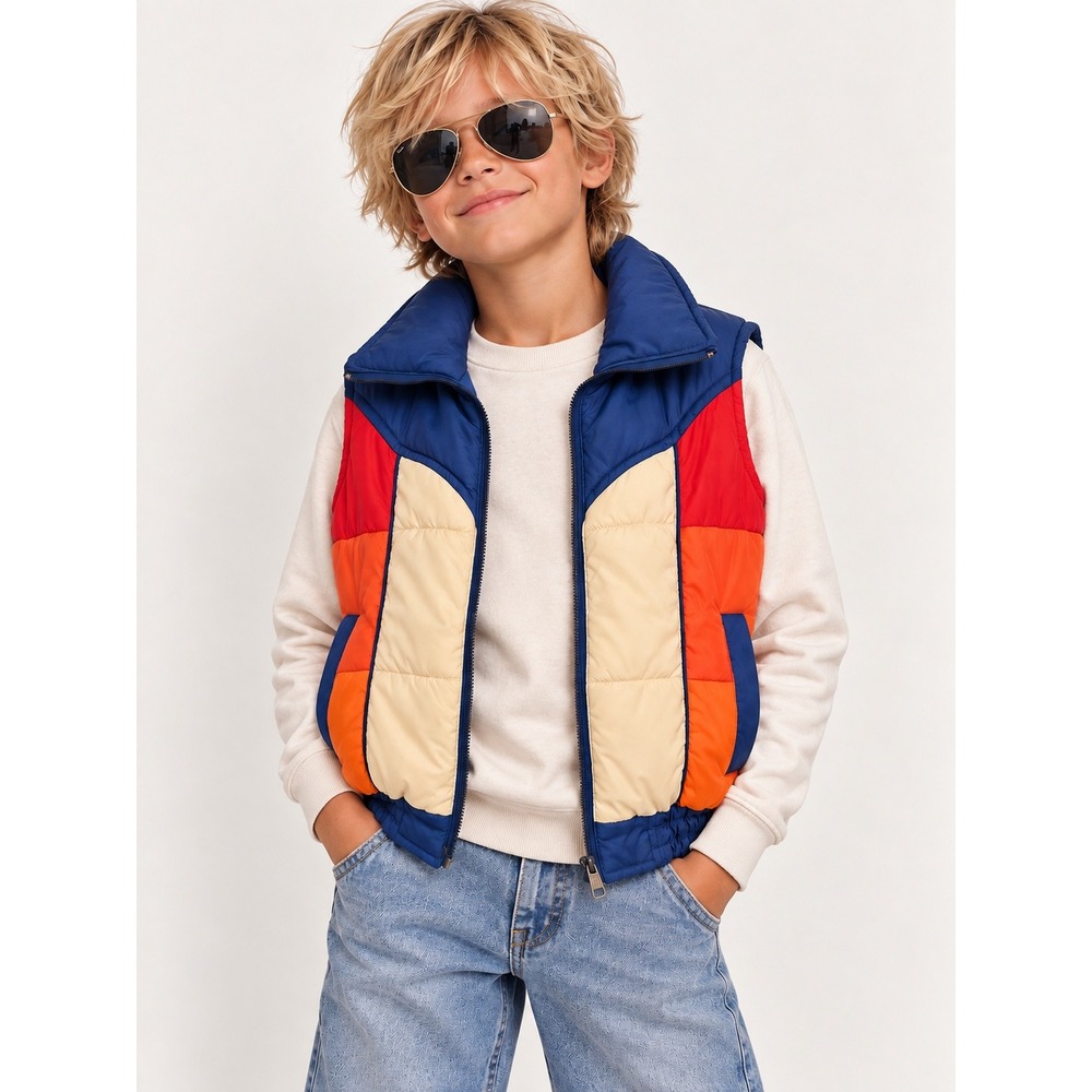 Vintage Youth Small Colorblock Puffer Vest Red Orange Navy Retro 80s 90s